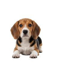 Cute Beagle puppy lying down looking at camera
