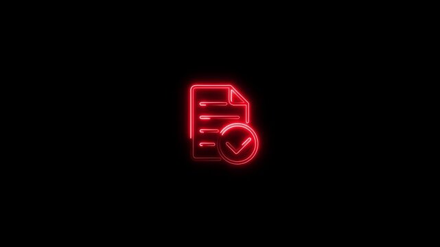 Red neon checklist document on black background neon sign document check mark glowing sign
