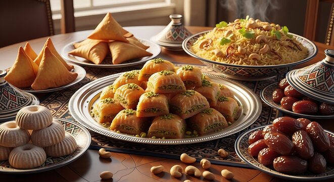 a traditional middle eastern feast featuring samosas baklava dates and fragrant rice perfect for iftar.