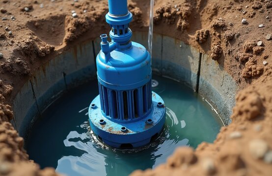 Blue submersible water pump installed in dirt excavation hole, operates submerged in turquoise water. Pipeline connects to pump for water extraction from underground well.