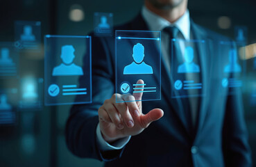 Businessman selects candidate profile on digital screen. HR manager reviews applicant data for hiring process. Person makes selection on virtual interface, checking for job vacancy.