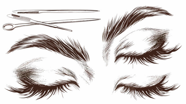 Stylized digital illustration showing tools and close-ups of eyes and eyebrows