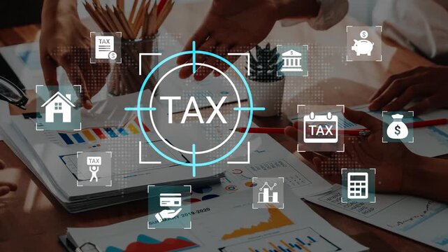 Business Professionals Analyzing Tax Data with Charts and Icons Representing Finance and Accounting in Modern Office Setting Gluon.
