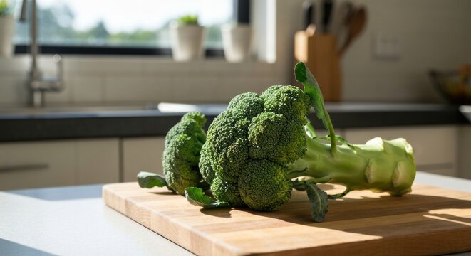 Fresh broccoli head on a wooden cutting board in a sunlit kitchen