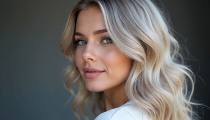 Naklejka premium Portrait of young woman with wavy ash blonde hair. She has green eyes and fair skin. Her makeup is natural and subtle. She looks at the camera with a gentle smile.