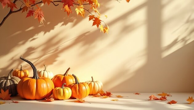 Orange pumpkins and autumn leaves cast shadows on a light beige wall. Natural light streams creating a warm inviting atmosphere. Ideal for seasonal decor and harvest themes.