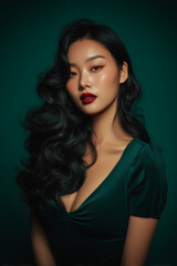 Fototapeta premium Sophisticated high-fashion portrait of an Asian woman with emerald green wavy hair and velvet dress