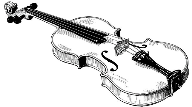 A detailed black and white illustration of a violin with strings and f-holes, angled to the side