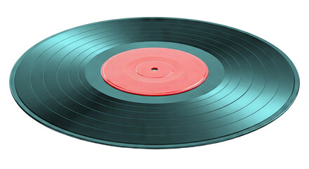 Black vinyl record with red label on a white background