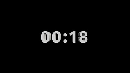 Countdown 00:18  black background with bold white numbers for design use or projects