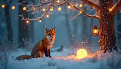 Fototapeta premium Red fox sits in snowy forest clearing. Bare tree branches with fairy lights glow. Red lantern hangs, illuminating winter night. Magical woodland scene.