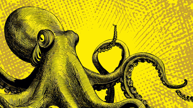 A vibrant yellow and black illustration of an octopus with detailed textures, background elements