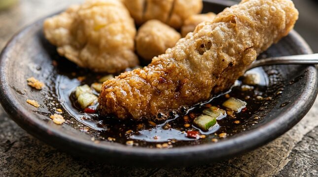 Fried Palembang Pempek Fish Cakes with Cuko Sauce
