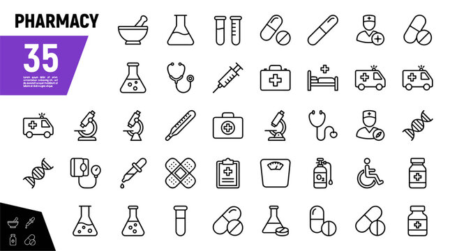 Flat design collection of 35 pharmacy and medical icons, including pills, syringes, ambulances, and lab equipment. Ideal for healthcare marketing, educational materials, and business presentations.