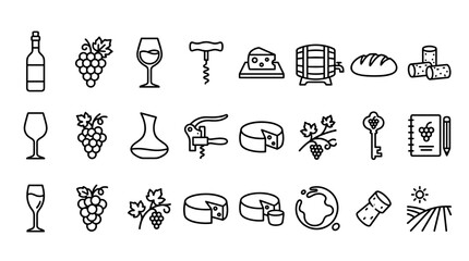 Collection of wine and cheese icons including bottle, glass, grape, corkscrew, bread, cheese, and more