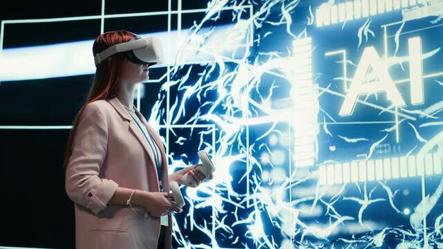 Admin wearing VR headset gear reports to AI brain displayed on digital dashboard. Worker completes assignments distributed by artificial intelligence superintelligence using virtual reality, camera B