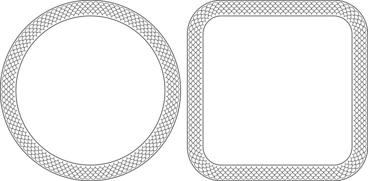 Elegant frames with intricate fish scale patterns in circular and rounded square shapes