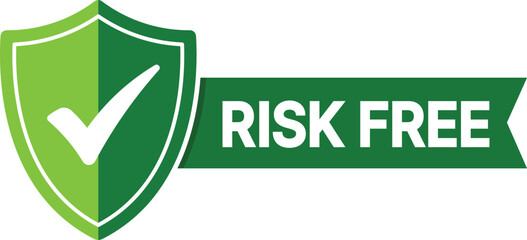 Green shield with white checkmark and green banner text risk free tick © MD. ABDUL BATEN