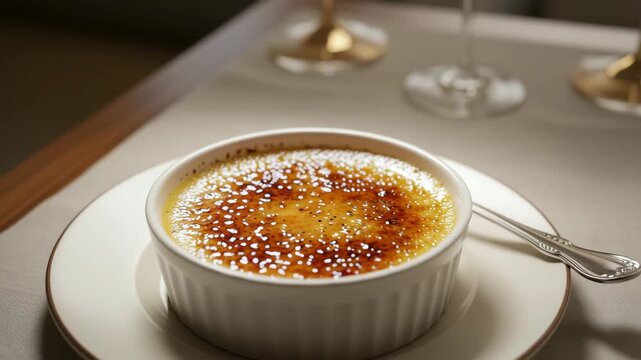 Classic Cr&egrave;me Br&ucirc;l&eacute;e with a perfect caramelized sugar crust served in a white ramekin. Gourmet French dessert concept of traditional creamy custard.