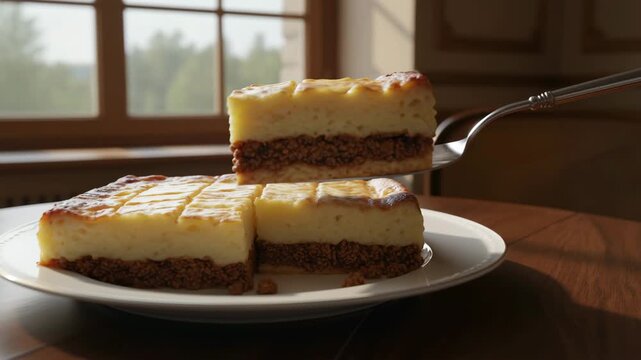 A slice of traditional French Hachis Parmentier with layers of savory ground meat and creamy mashed potato being lifted from a plate. Gourmet comfort food concept.