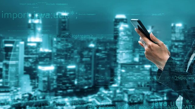 A professional uses a smartphone against a blurred city skyline, symbolizing modern technology and digital communication in an urban environment. Xenic