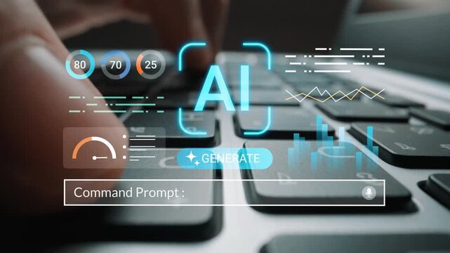 Close-up of human hand typing on keyboard with AI interface, digital graphics, command prompt, and data visualization concepts on screen Gluon.