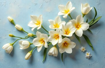 Obraz premium White yellow flowers arrangement on textured blue surface. Delicate petals and green stems create elegant botanical composition. Gentle floral artwork with pastel hues.