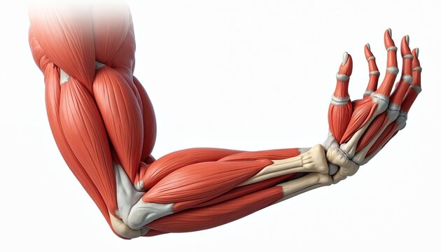 Detailed anterior view of human arm muscles and bones. Shows bicep deltoid tricep brachii forearm muscles. Illustrates anatomical structure of elbow wrist and hand.