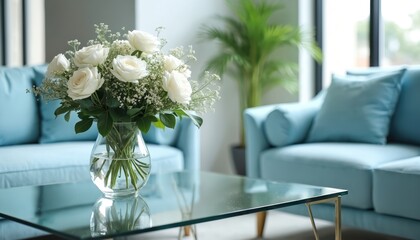 Light blue sofa set and glass table with white roses in vase. Modern interior decor, cozy living room, natural light, clean elegant home space. Soft pastel color scheme.