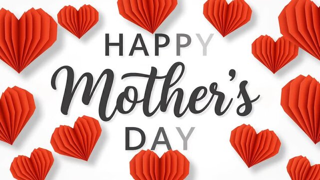 Mother's Day greeting with red paper hearts and calligraphy