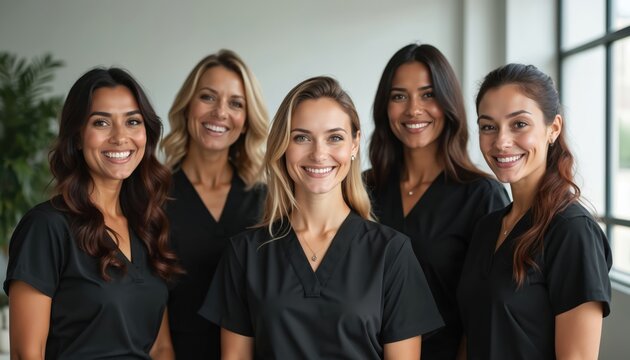 Diverse group of women professionals in black scrubs stand together smiling. Represent healthcare team, possibly at clinic spa, exuding confidence, unity. Happy faces suggest excellent patient care,