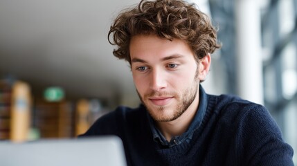 Fototapeta premium A young male student with curly hair and blue eyes focused on a laptop in a university library, representing education, concentration, and academic life