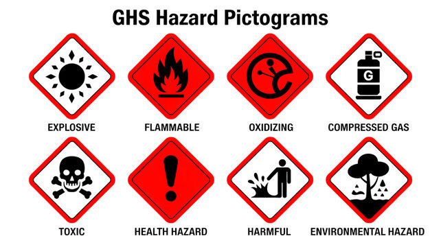 Set of eight globally harmonized system hazard pictograms.