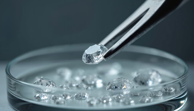Lab diamonds examined with tweezers in petri dish. Gemstones analyzed in scientific setting. Precision inspection of lab grown crystals for quality control.