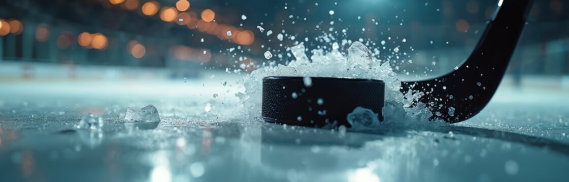 Ice hockey puck and stick collide creating splash. Action shot on frozen rink during game. Dynamic sports moment captures intense competition play on ice.