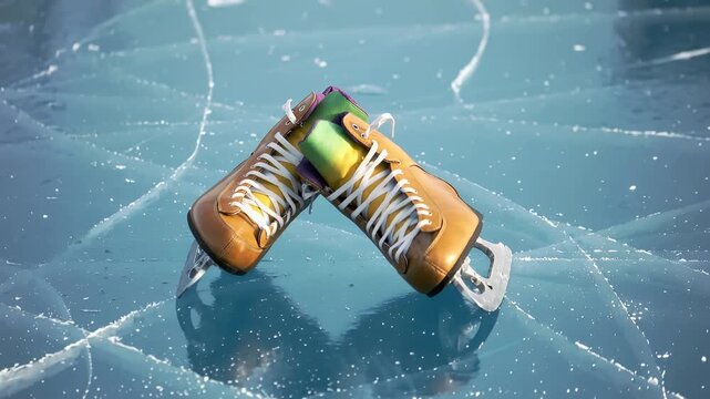 Ice skates on frozen lake during sunny winter day in a quiet location