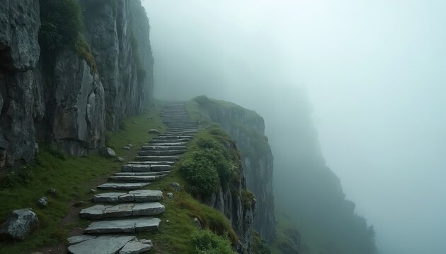 Stone stpic ascend cliffside disappearing into thick fog. Green grass covers rocky mountain terrain, creating a mysterious pathway upwards. Moody, atmospheric, and isolated.