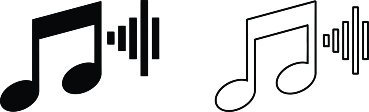 Set of 2 music note icons vector with sound waves, one solid black and one outline, representing audio, melody, and sound for web, app, or UI design.