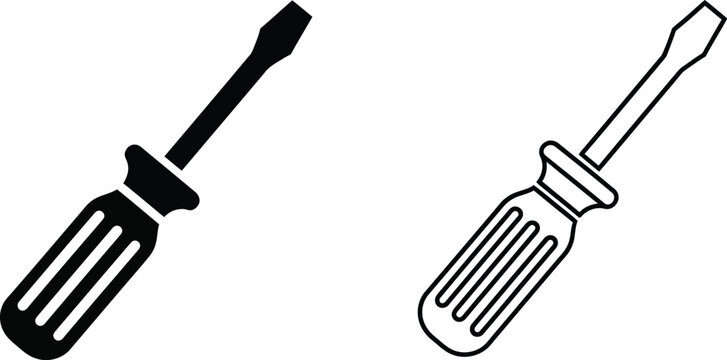 Flathead Screwdriver Icon Set Vector with Solid Black and Outline Versions for Repair, Construction, and Tool-Related Designs