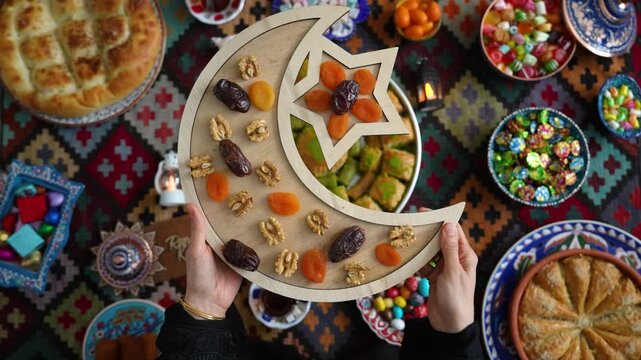 Ramadan Iftar Table Concept Vide, Iftar Table with Traditional Food. Fasting ends with Dates. Ramadan Feast Celebrations, Eid Mubarak Concept Uskudar Istanbul, Turkiye (Turkey)

