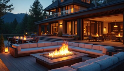 Fototapeta premium Luxury house deck with gas fireplace and sofas at dusk. Outdoor dining area with tables and chairs. Mountain forest backdrop. Cozy evening ambiance.