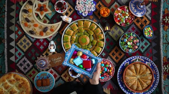 Ramadan Iftar Table Concept Vide, Iftar Table with Traditional Food. Fasting ends with Dates. Ramadan Feast Celebrations, Eid Mubarak Concept Uskudar Istanbul, Turkiye (Turkey)

