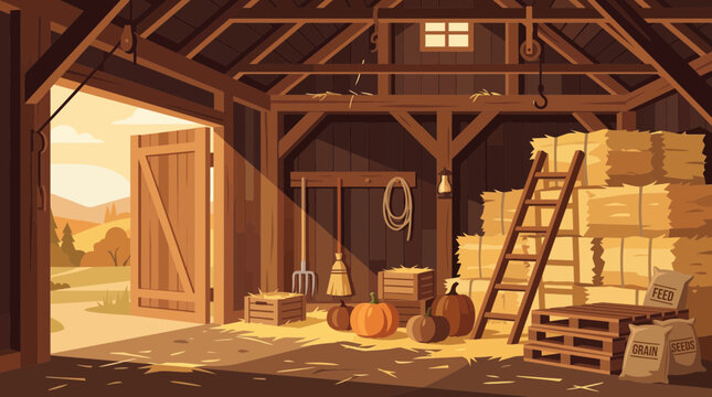 Warm rustic barn interior with hay stacks pumpkins tools and open doorway