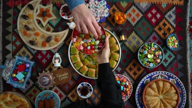 Ramadan Iftar Table Concept Vide, Iftar Table with Traditional Food. Fasting ends with Dates. Ramadan Feast Celebrations, Eid Mubarak Concept Uskudar Istanbul, Turkiye (Turkey)

