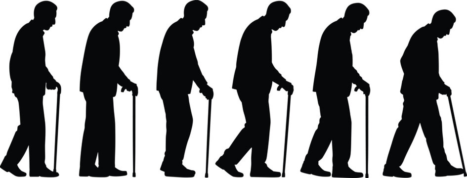 Silhouette sequence of elderly person walking with cane, showing different stages of gait motion, useful for biomechanics, medical analysis, animation, and aging studies illustration.