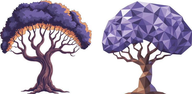 Stylized illustration of two trees side by side, one natural with purple foliage and twisted trunk, the other polygonal geometric design, symbolizing creativity, contrast, and digital artwork.