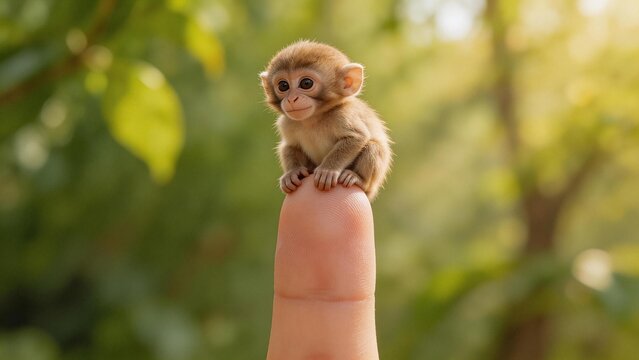 Adorable Baby Monkey Sitting on Finger in Nature, Cute Tiny Primate Wildlife Scene