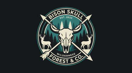 Obraz premium Bison skull forest badge logo with deer silhouettes and crossed arrows
