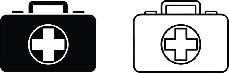 Fototapeta premium Set of 2 First Aid Kit Icons Vector: One Solid Black and One Outline Style Medical Box with White Cross Symbol for Healthcare Design