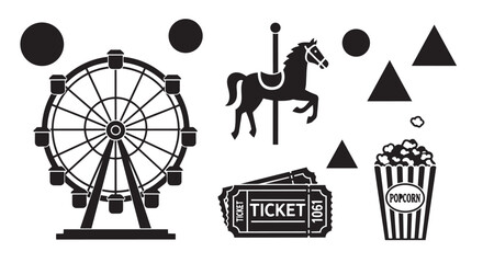 Vector graphic illustration of carnival elements including ferris wheel, carousel horse, and popcorn © Shamim